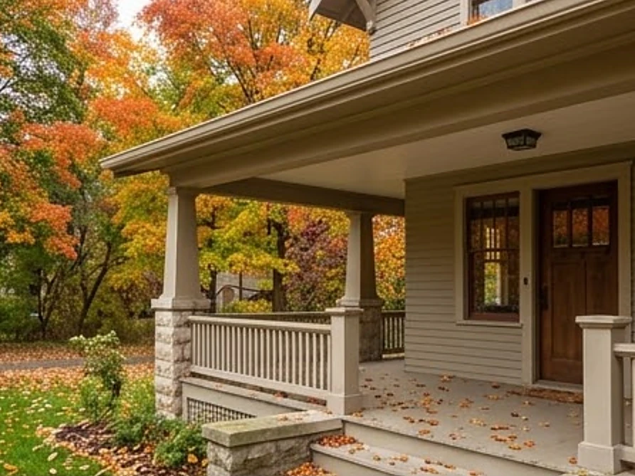 1920s bungalow front porch, autumn