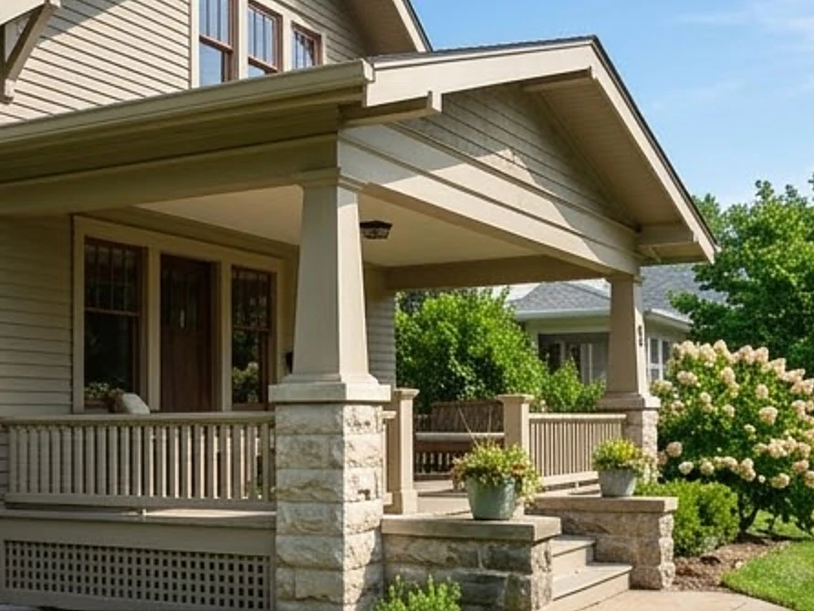 1920s bungalow front porch, summer