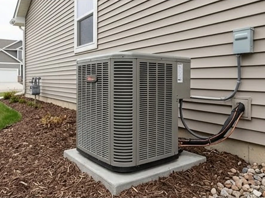 Air conditioner condenser beside a house, newer