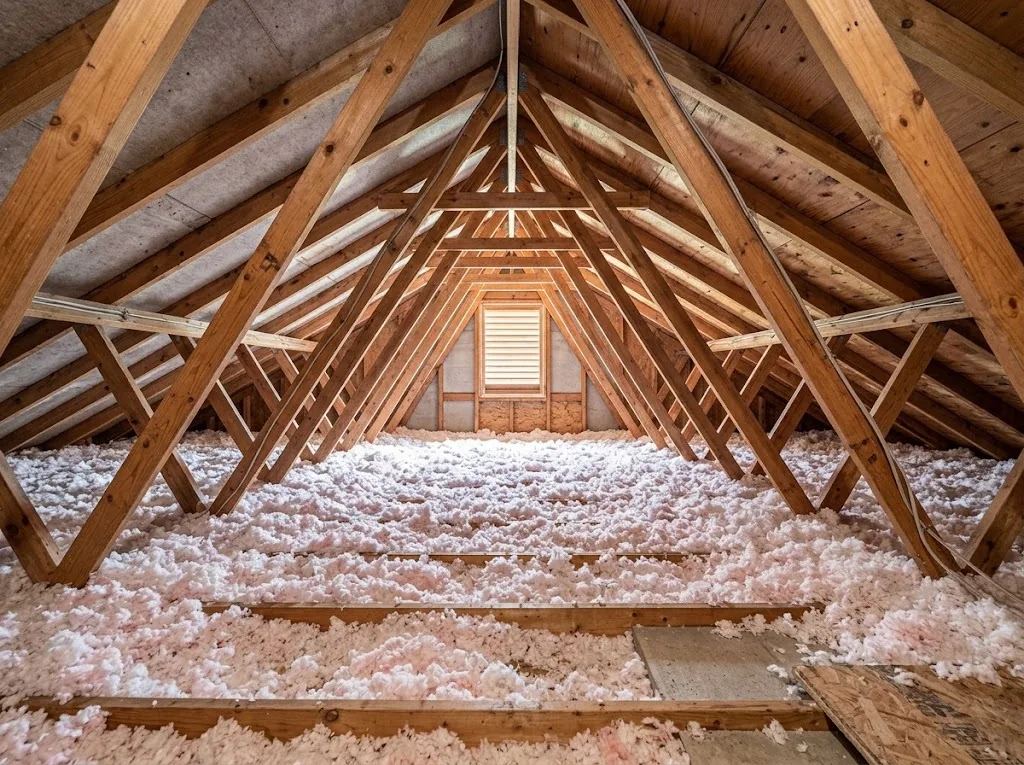 Attic with blown-in fiberglass insulation between roof rafters — Pre-Drywall & Phase Inspection in Minnesota