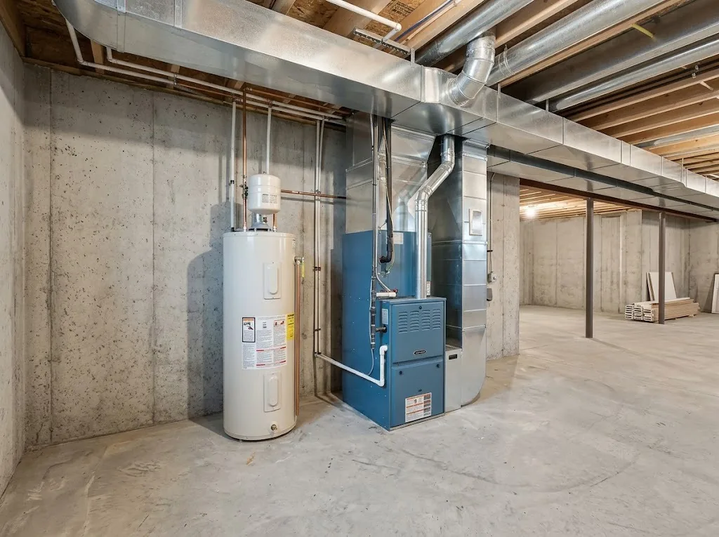 Unfinished basement with furnace, water heater and exposed ductwork — Radon Mitigation in Minnesota
