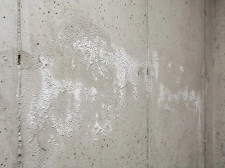 Basement wall with efflorescence, newer home
