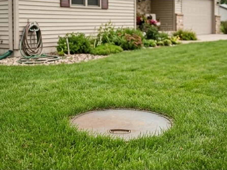 Buried well pit lid in a yard, wider view