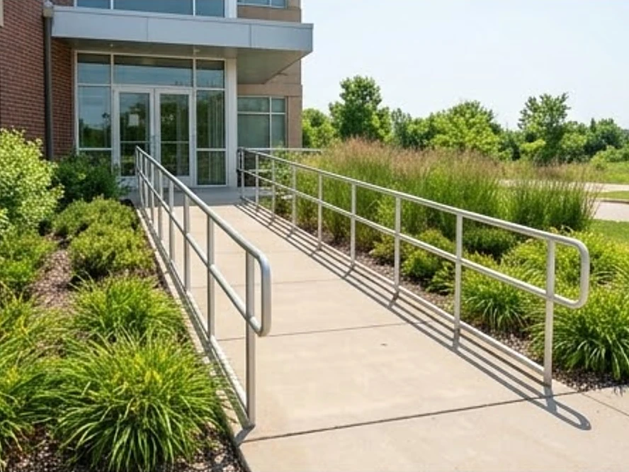 Accessible ramp with handrails at a building entry, summer