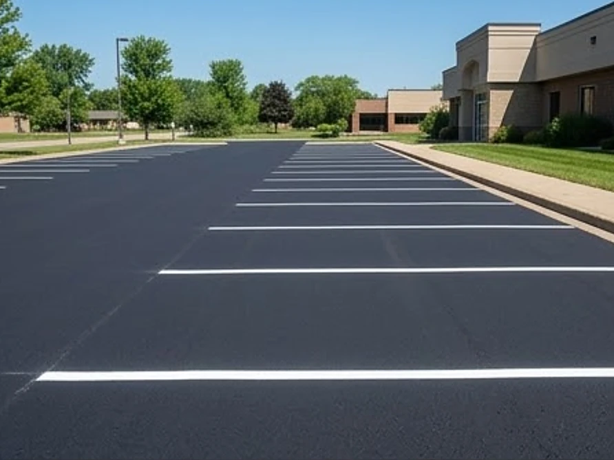 Asphalt parking lot with fresh striping, summer