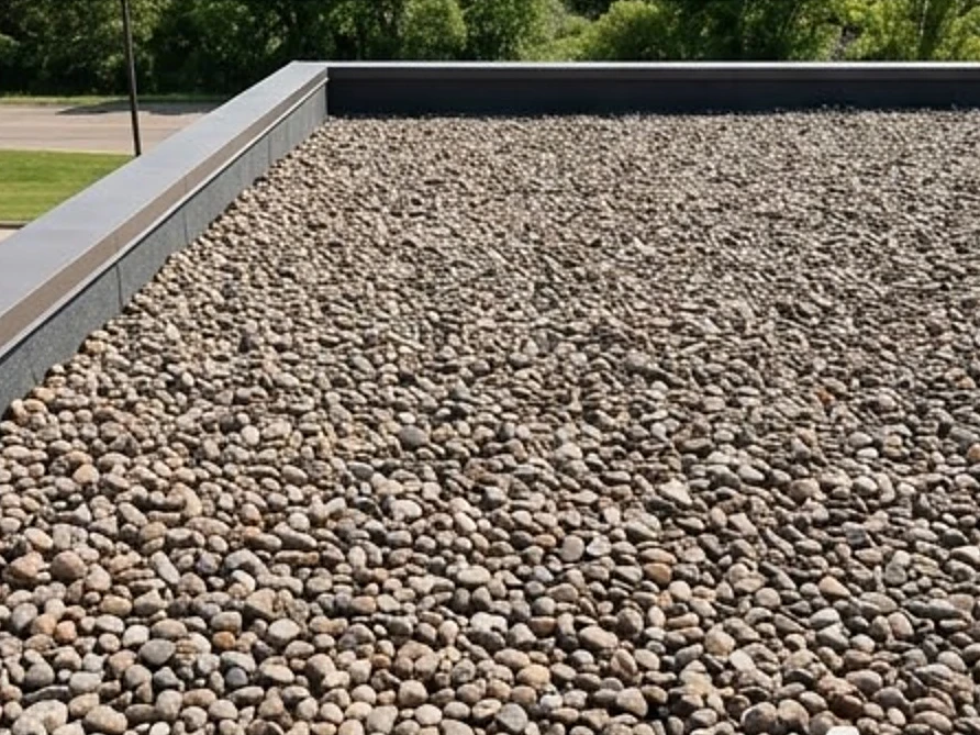 Ballasted flat roof with river rock, dry day