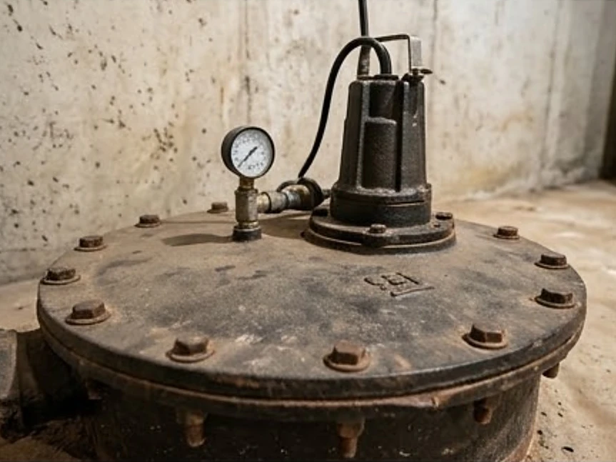 Basement sewage ejector pit with lid in an older building, close-up