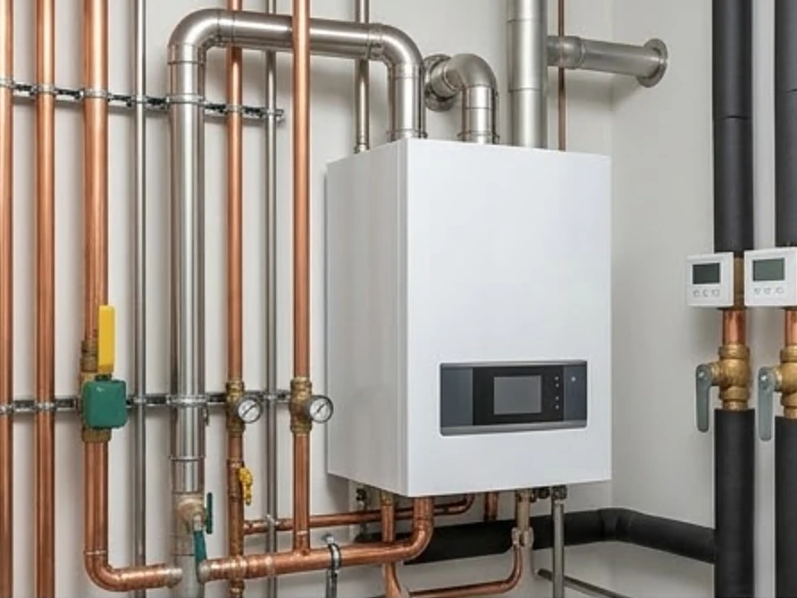 Commercial boiler room with a gas boiler and piping, newer
