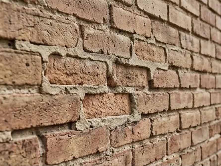 Brick wall with worn mortar joints, close-up