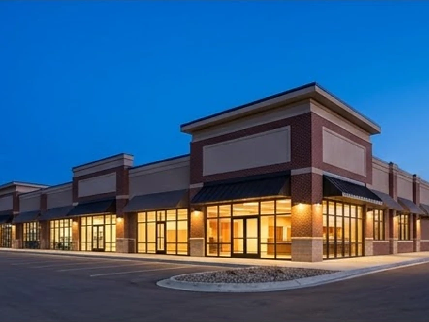 Commercial building at blue hour with interior lights on, office or retail building