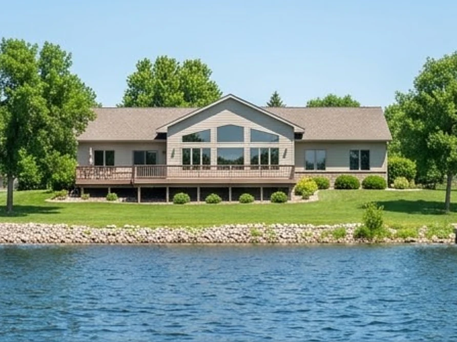 Commercial building facing a lake, summer