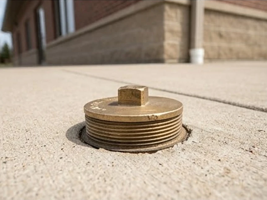 Building sewer cleanout outside a commercial building, close-up