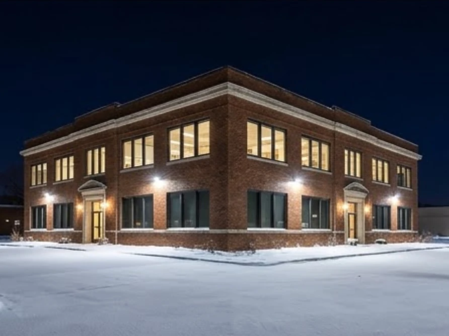 Commercial building on a snowy winter night with lights on, office or retail building