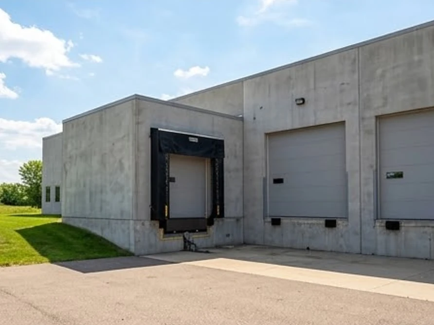 Concrete tilt-up light industrial building with a loading dock, summer
