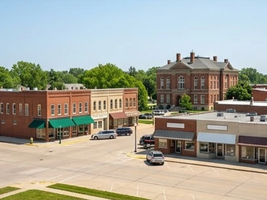 Courthouse-square town with storefronts on all sides, summer