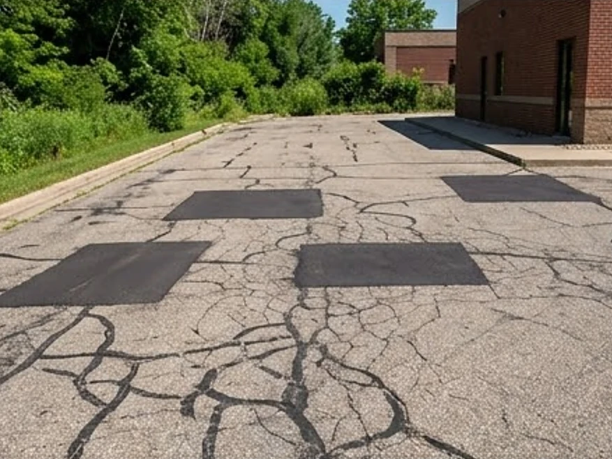 Cracked asphalt parking lot with patches, summer