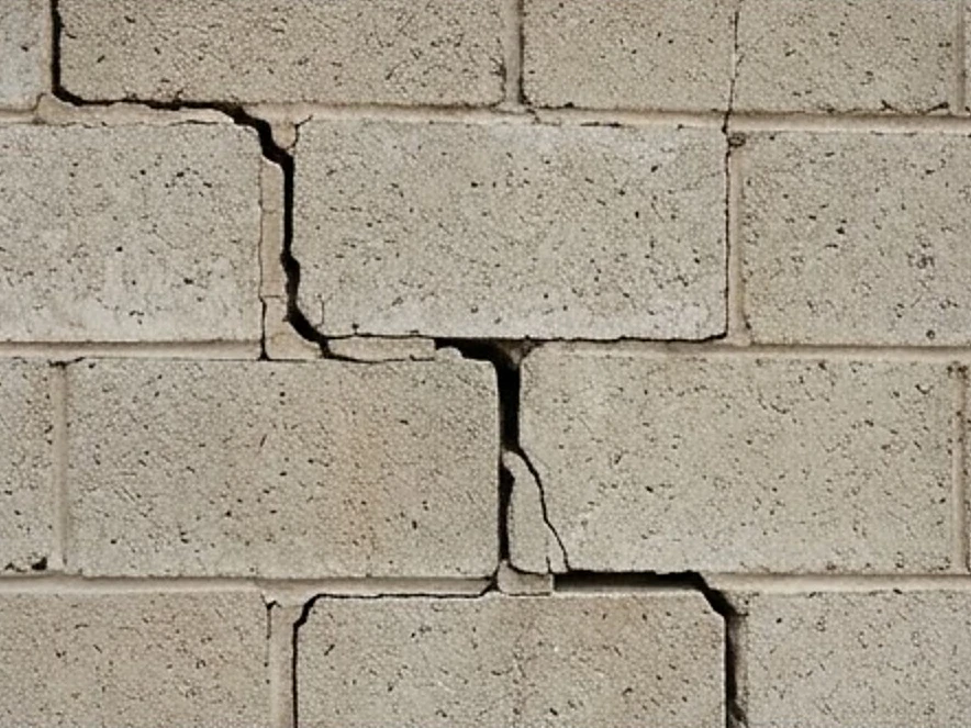 Cracked concrete block wall, close-up