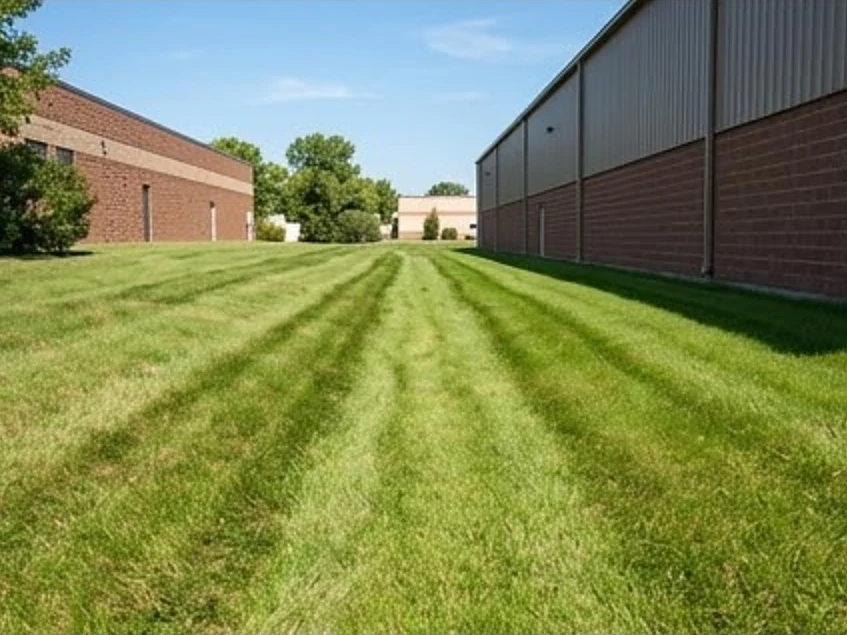 Drainage swale behind a building, summer