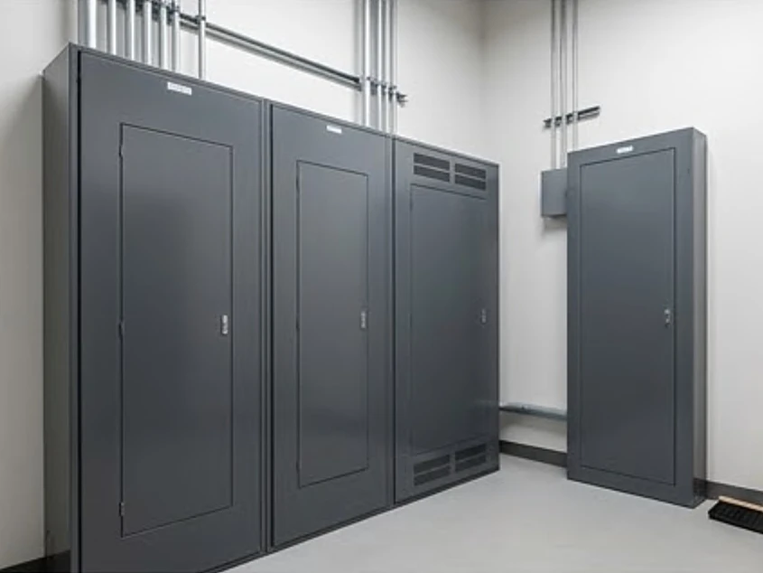 Commercial electrical room with closed switchgear cabinets, newer building