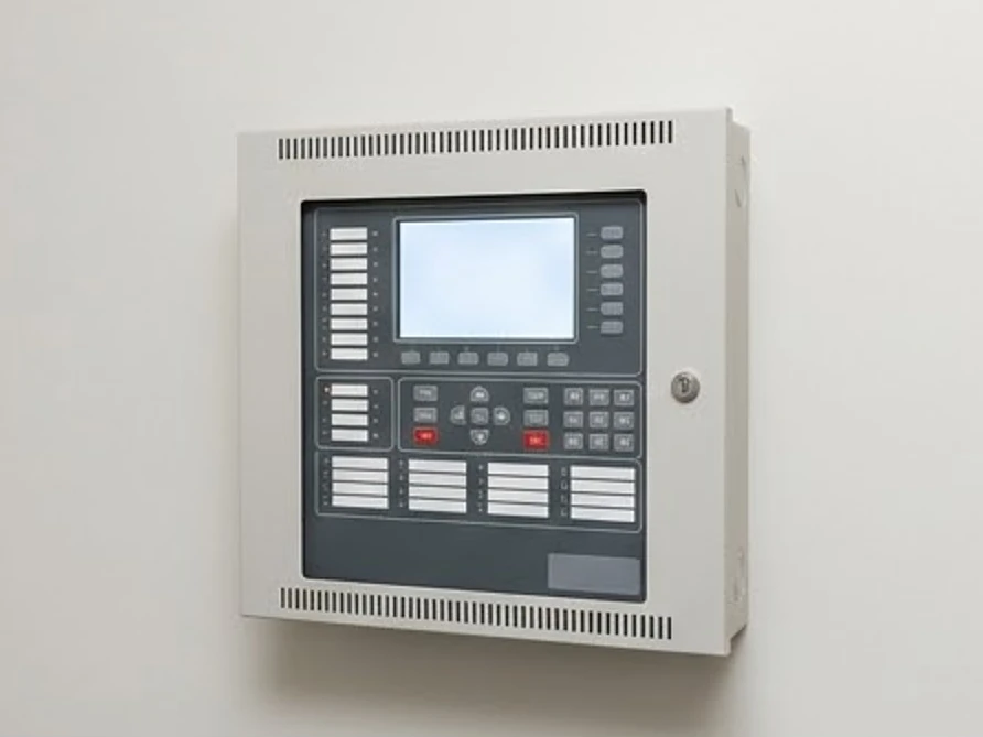 Fire alarm control panel with a blank display, newer building