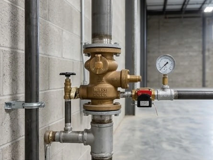 Fire sprinkler riser with valves and a gauge, newer building