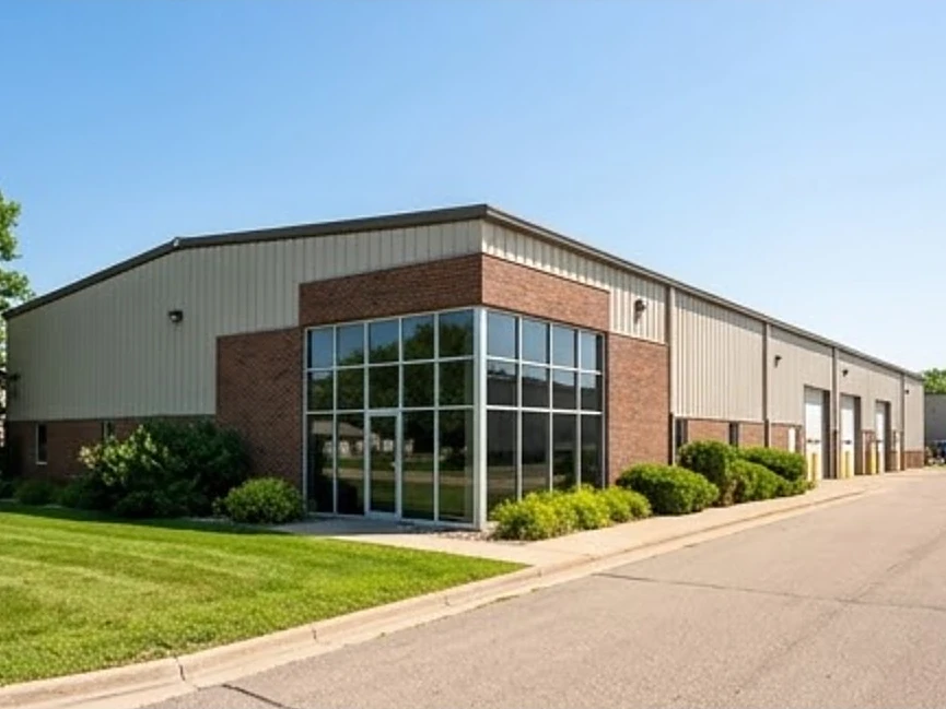 Flex office-warehouse building with a glass entry and rear docks, summer