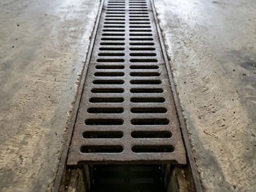 Floor drains in a garage service bay, close-up