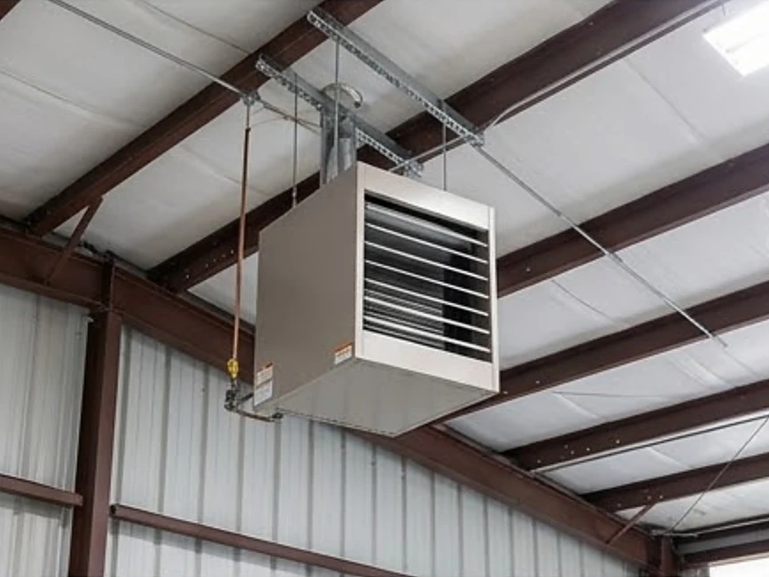 Gas unit heater hanging in a warehouse, newer