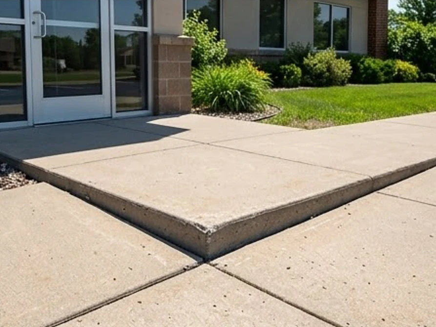 Heaved concrete sidewalk slab at a building entry, summer