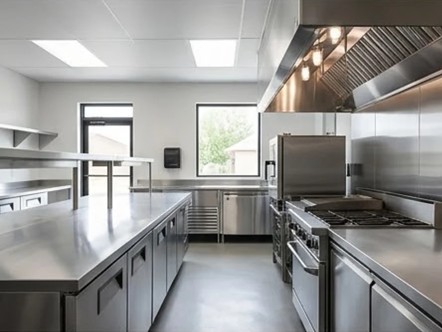 Commercial kitchen with stainless counters and a hood, modern