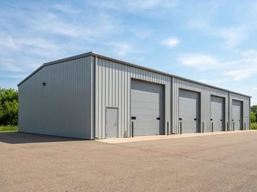 Metal-sided warehouse with overhead doors, summer