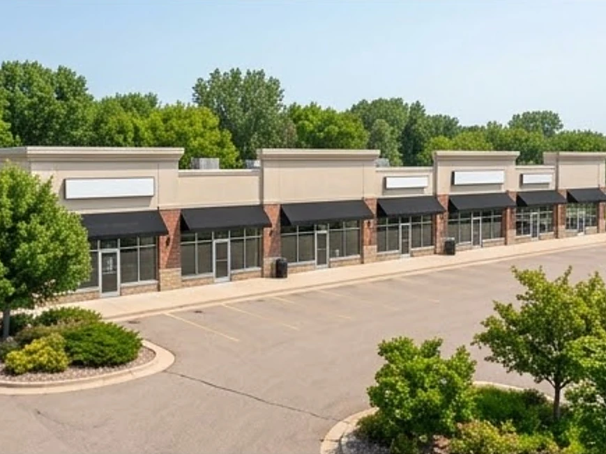 Neighborhood strip mall with five storefronts and blank signs, summer