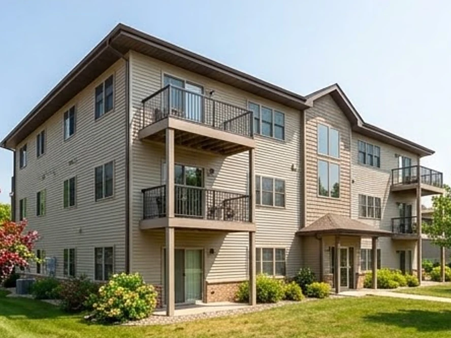 Newer three-story apartment building with balconies, summer