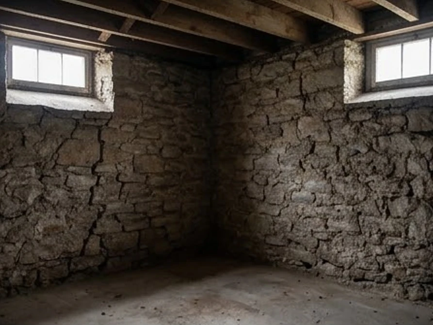 Old downtown building basement with stone foundation walls, dim natural light