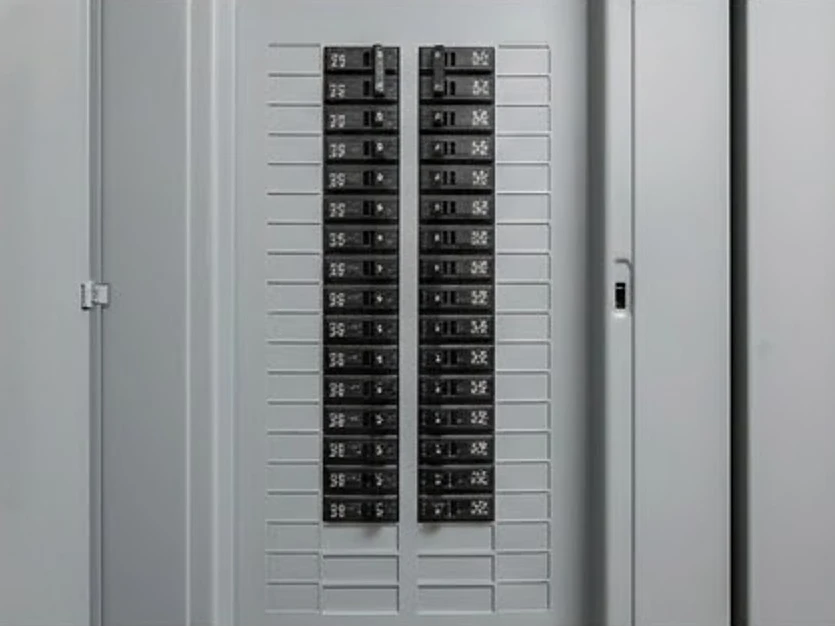 Open panelboard with breakers and no labels, newer building