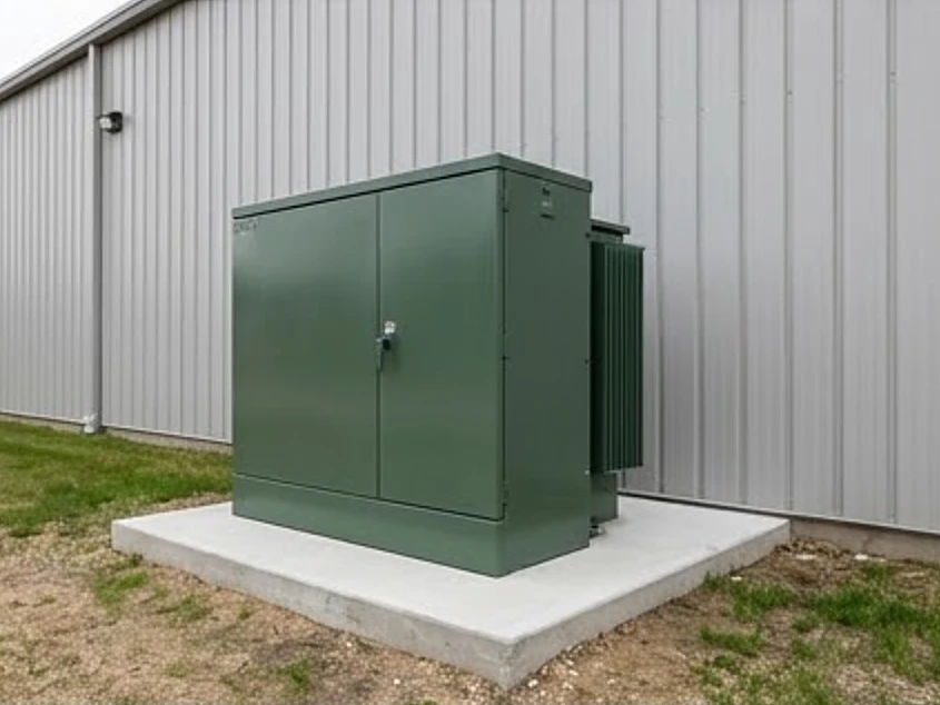 Pad-mounted transformer beside a building, newer building
