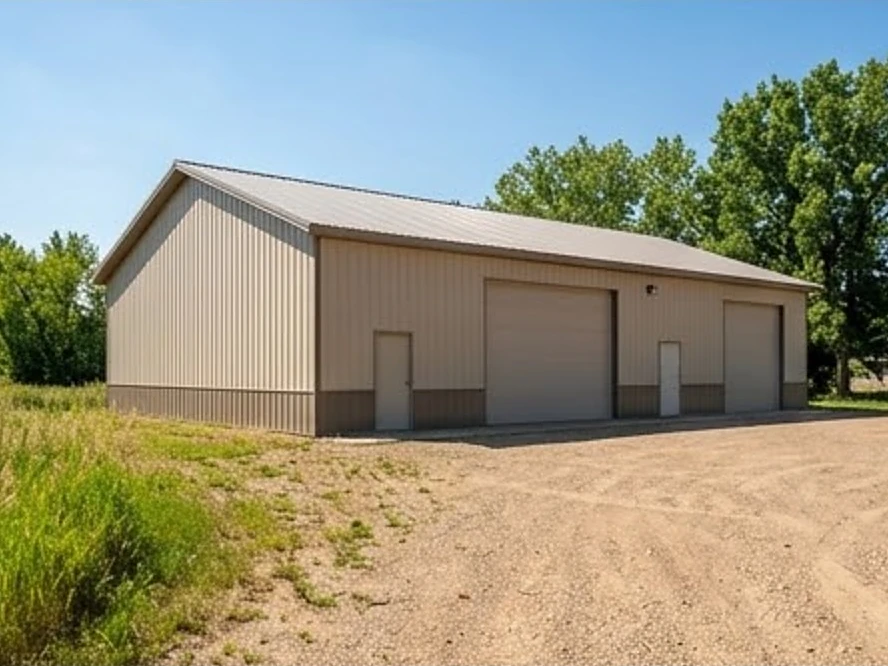 Pole-building style shop on a gravel lot, summer