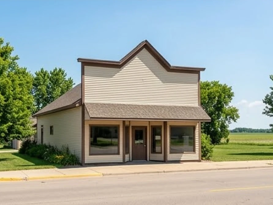 Prairie-town commercial building with a false front, summer