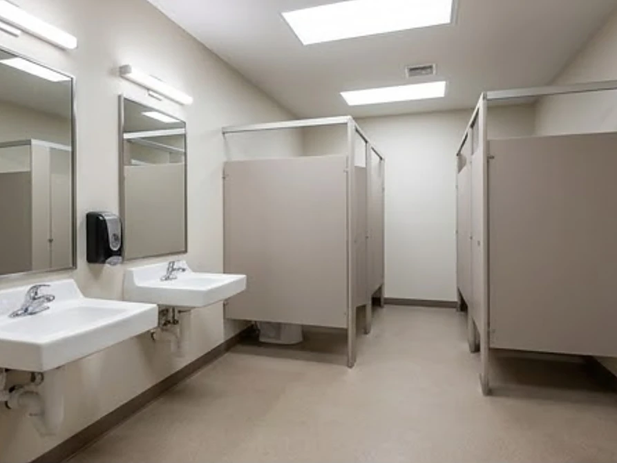 Commercial restroom with sinks and stall partitions, newer