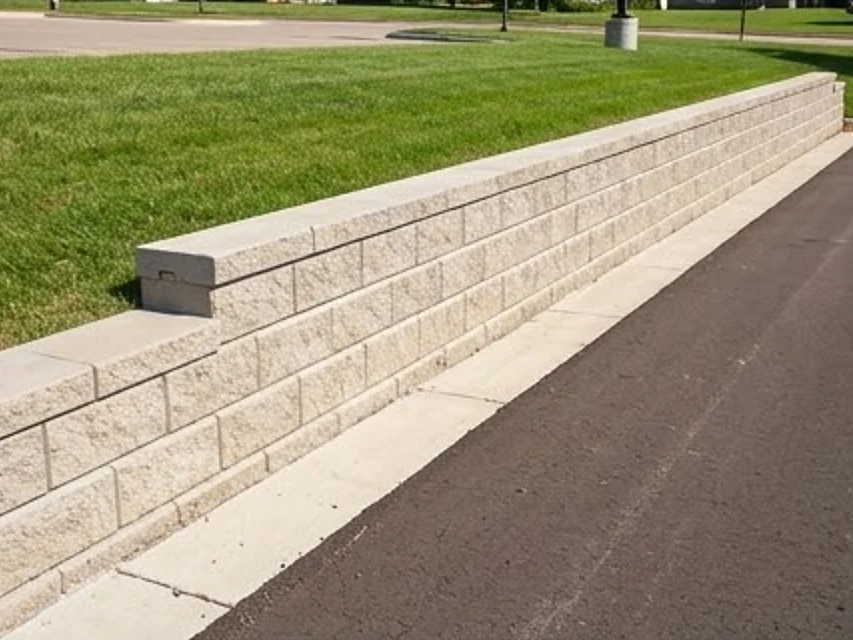 Retaining wall along a commercial lot, summer