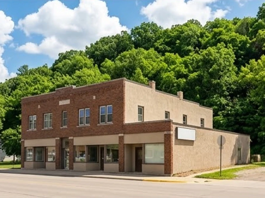 River-town commercial building below a bluff, summer