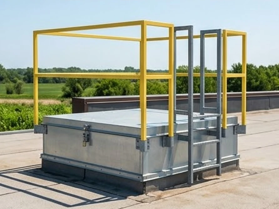 Roof hatch with a fixed ladder and guardrail, summer