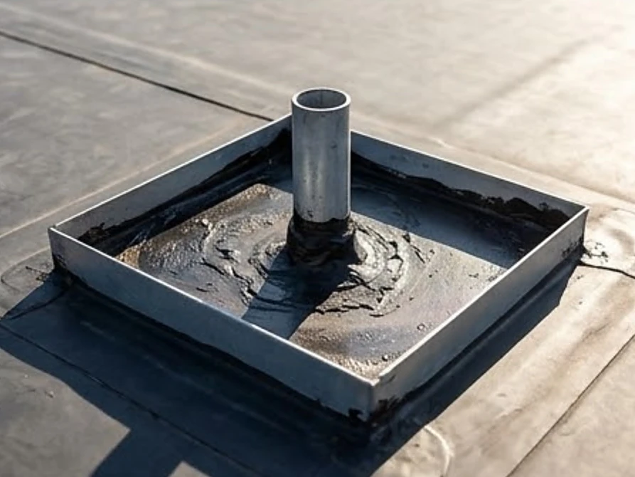 Roof penetration with a pitch pan, close-up