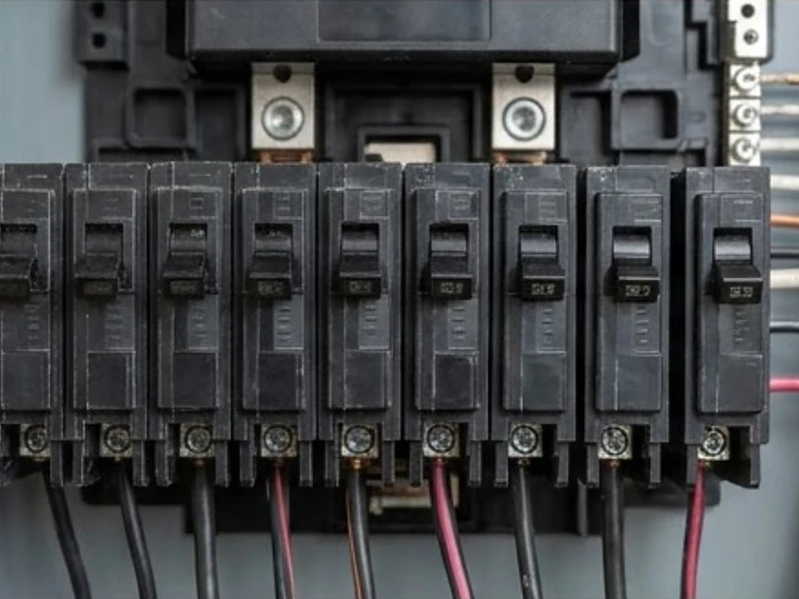 Row of circuit breakers close-up