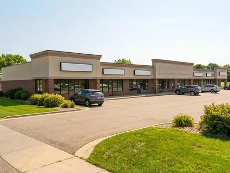 Single-story strip retail center with blank sign bands, Minnesota summer