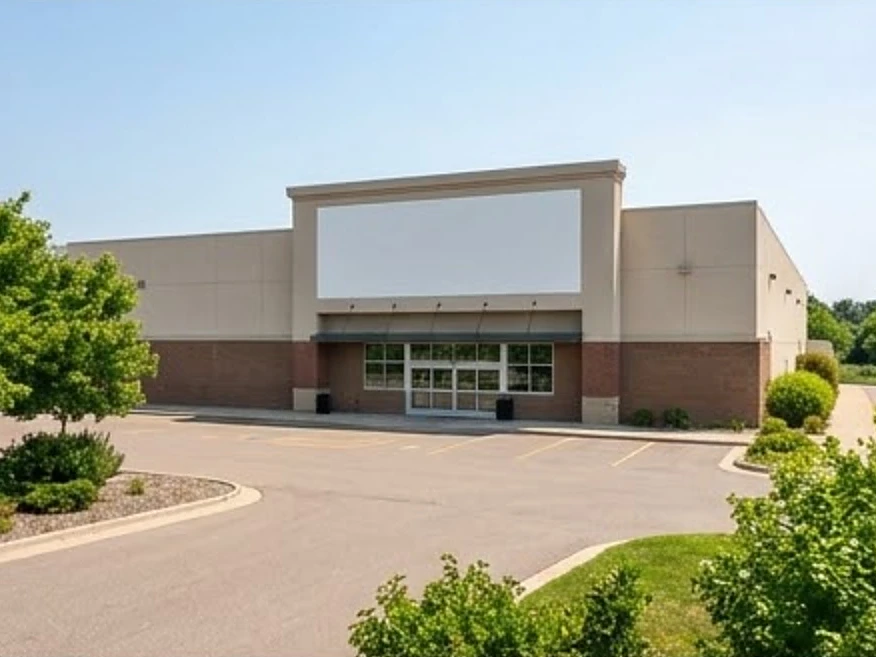 Single-tenant big-box retail building with a blank sign, summer