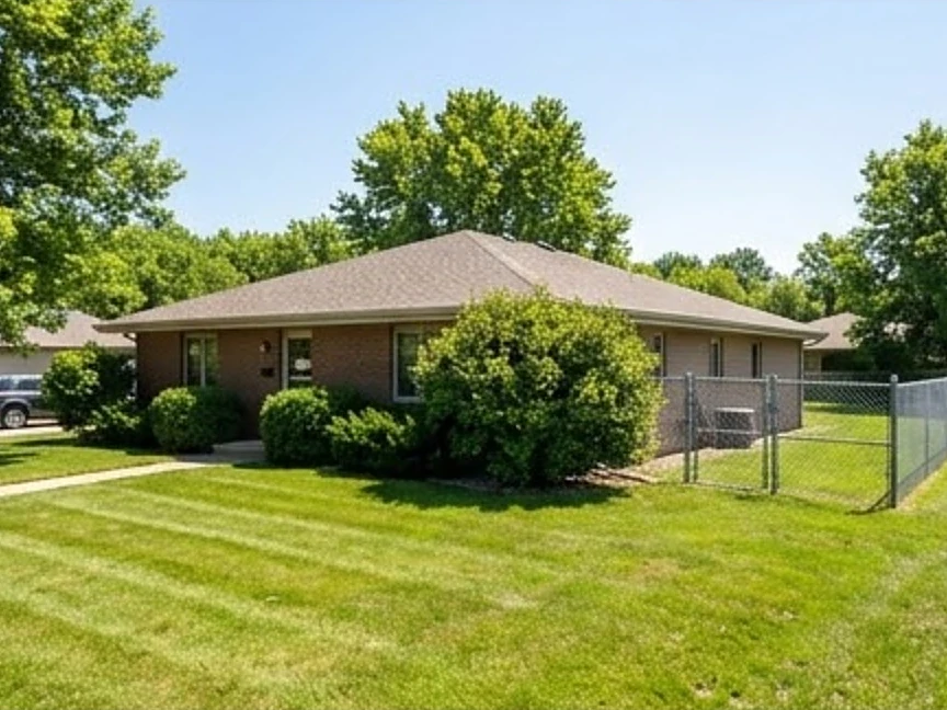 Small single-story professional building with a fenced side yard, summer