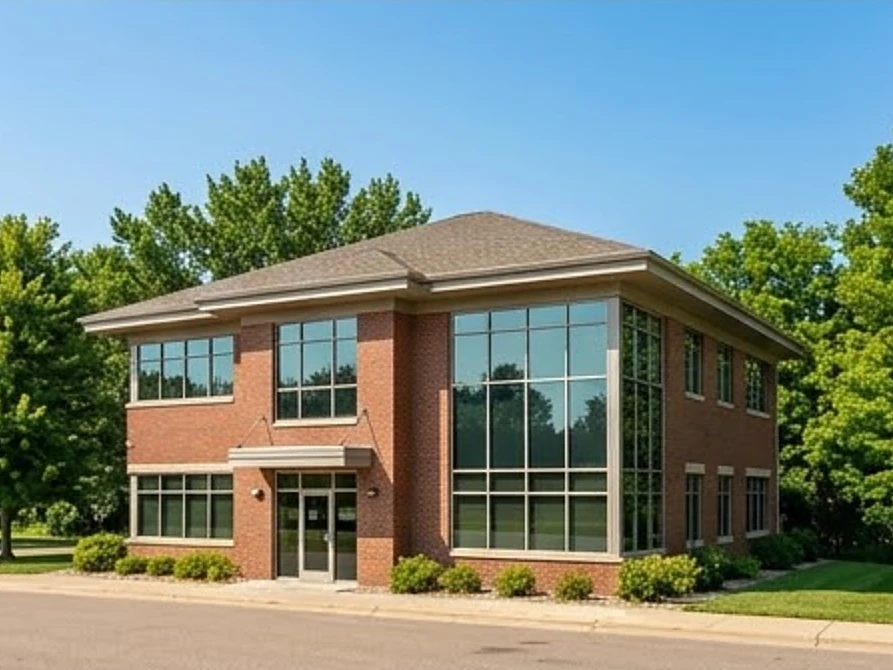 Small two-story office building of brick and glass, Minnesota summer