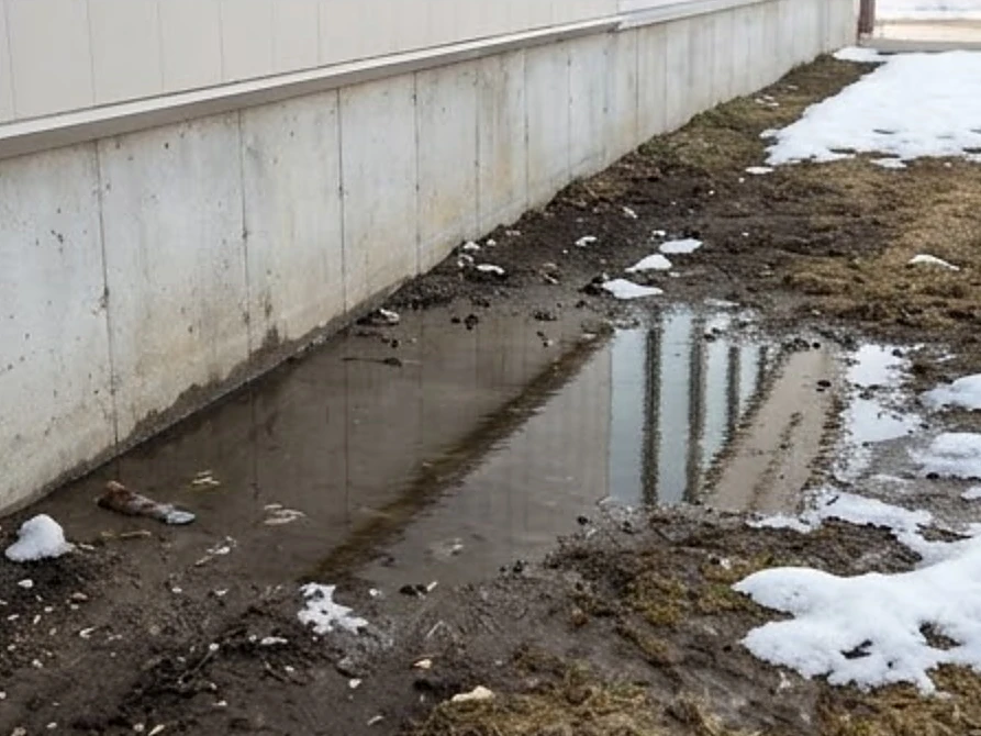 Spring meltwater pooling beside a building foundation, morning