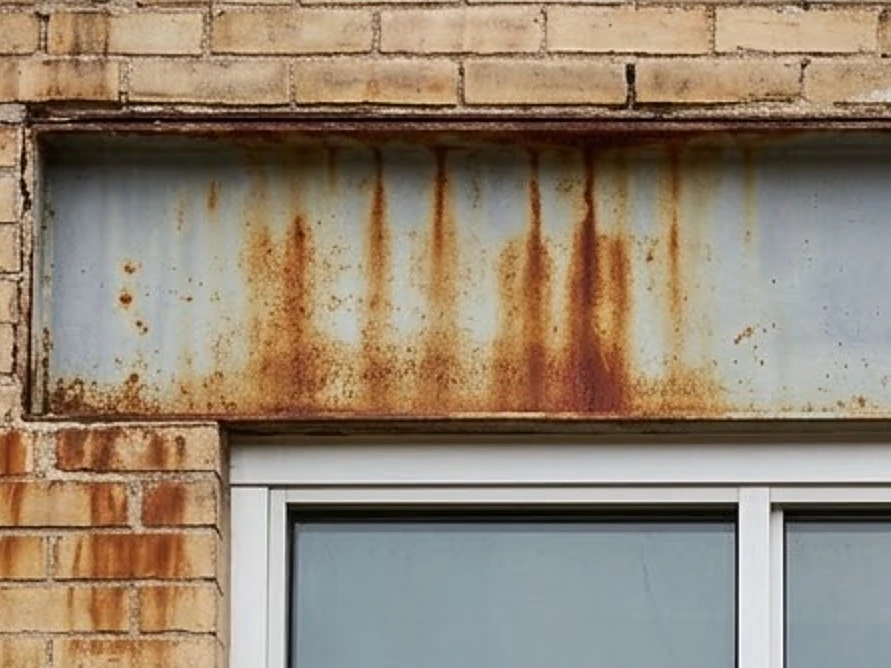 Steel lintel over a storefront window with rust staining, close-up